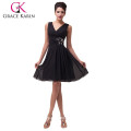 Grace Karin Sexy cuello en V sin mangas vestido de noche negro corto para Senior CL3440